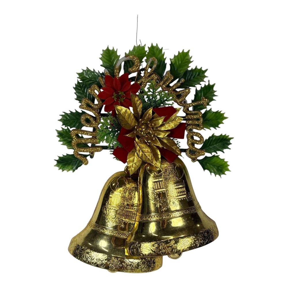 Vintage Christmas Decorations 60s Lyre Wall Piece & Merry Christmas Bells Holly